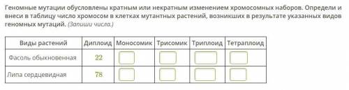 Определи и внеси в таблицу число хромосом в клетках мутантных растений, возникших в результате указа