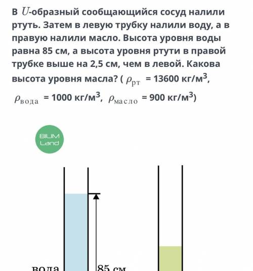 в U-образный сообщающийся сосуд налили ртуть. Затем в левую трубку налили воду, а в правую налили ма