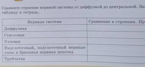 2 Сравните строение нервной системы от диффузной до центральной. Запишите таблицу в тетрадь.Сравнени