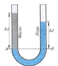 В левое колено сообщающихся сосудов налито масло, а в правое – вода. Высота столба масла 20 см. На с