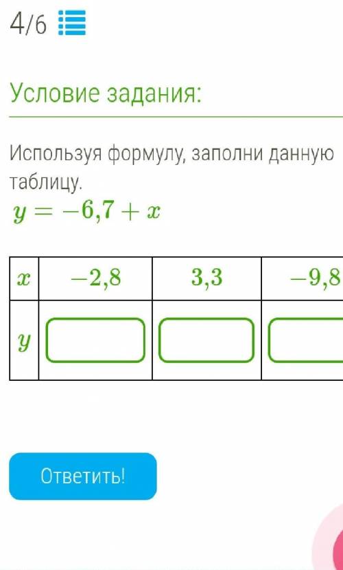 Используя формулу, заполни данную таблицу.y=−6,7+xx −2,8 3,3 −9,8 8,9 10,1. y​