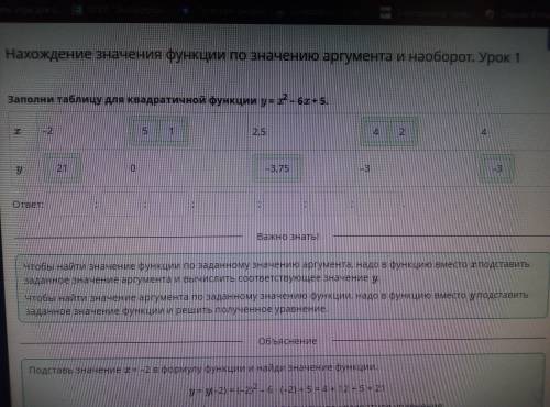Заполни таблицу для квадратичной функции у=х^2-6х+5