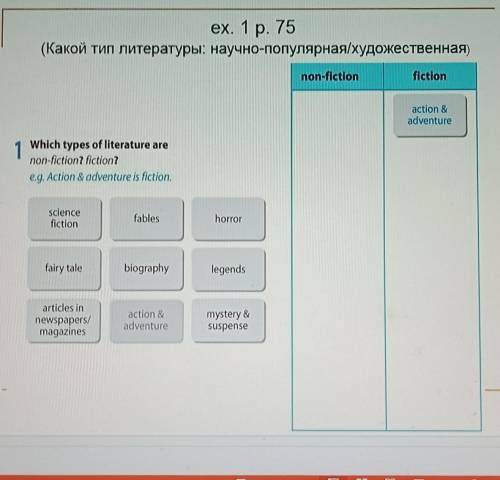 Ex. 1 p. 75 (Какой тип литературы: научно-популярная/художественная)non-fictionfictionaction &ad