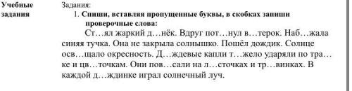 Спиши, вставляя пропущенные буквы, в скобках запиши проверочные слова: Ст…ял жаркий д…нёк. Вдруг пот