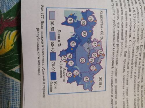 Составьте характеристику расселения казахов в стране по рисунку 177. В чём его особенность? Выделите