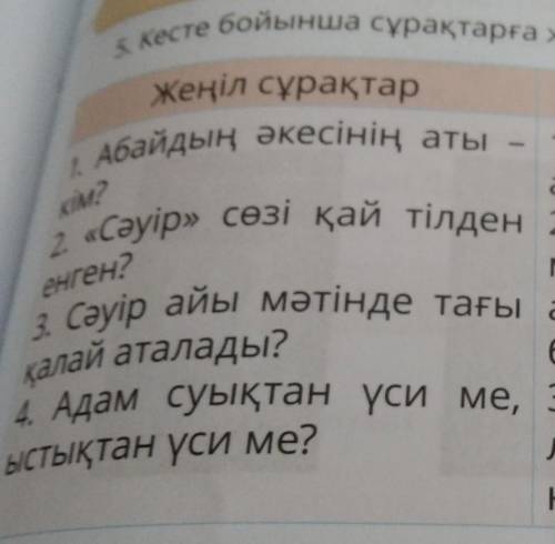 5. Кесте бойынша сұрақтарға жауап бер. Жеңіл сұрақтарАбайдың әкесінің аты2. «Сәуір» сөзі қай тілден