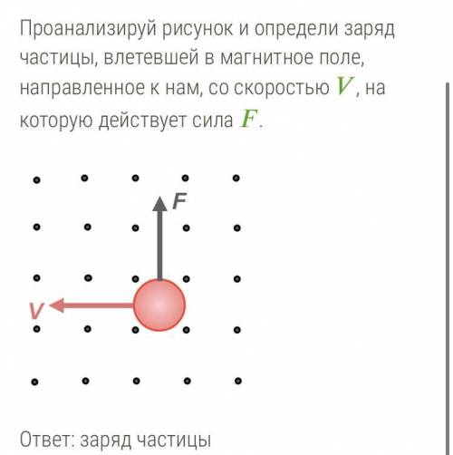 Проанализируй рисунок и определи заряд частицы, влетевшей в магнитное поле, направленное к нам, со с