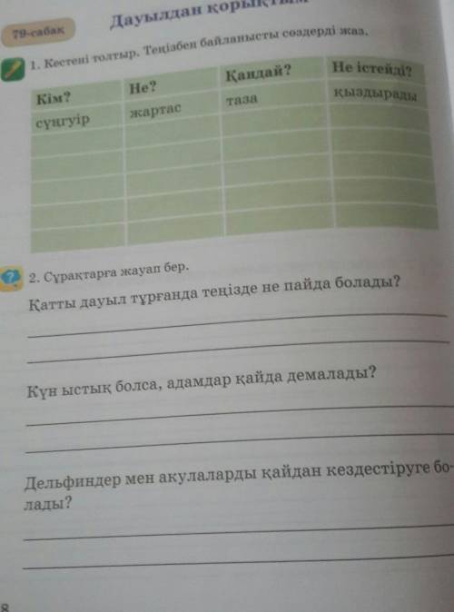 79-сабақ Дауылдан қорықтым21. Кестені толтыр. Теңізбен байланысты сөздерді жаз.Кім?Не?Қандай?Не істе