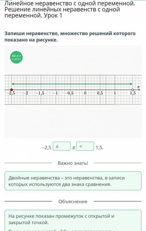 Запиши неравенство, множество решений которого показано на рисунке. ￼–2,5x1,5.НазадПроверитьну как т