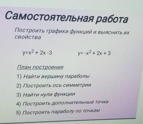 Самостоятельная работа Построить графики функций и выяснить ихсвойстваy=x2 + 2х -3у= х2 + 2х + 3План