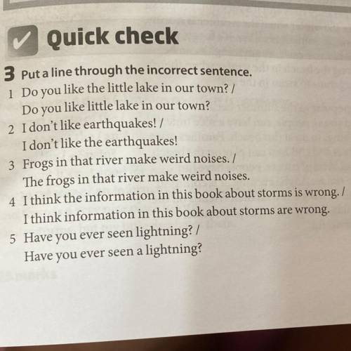 3 Put a line through the incorrect sentence. 1 Do you like the little lake in our town?! Do you like