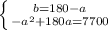 \left \{ {{b=180 - a} \atop {-a^{2} + 180a =7700}} \right.