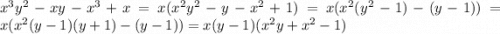 x^{3} y^{2} -xy-x^{3} +x=x (x^{2} y^{2} -y-x^{2} +1)=x(x^{2} (y^{2} -1)-(y-1))=x(x^{2} (y-1)(y+1)-(y-1))=x(y-1)(x^{2} y+x^{2} -1)