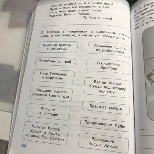 B С названиями событий 3. Расставь квадратиках цифры в том порядке, в каком они происходили. Вечерня