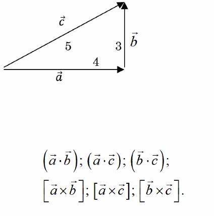 Три вектора a, b и с образуют прямоугольный треугольник. Нужно найти скалярные и векторные произведе