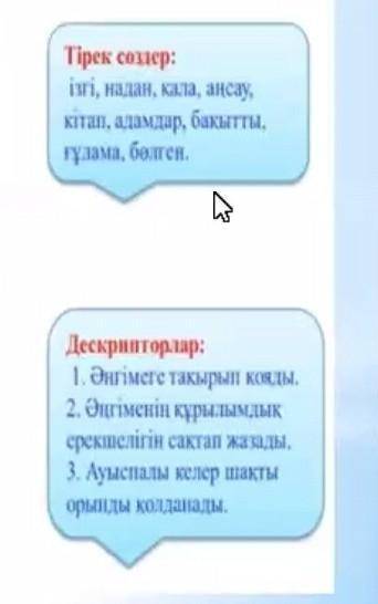 2-тапсырма. Берілген тірек сөздер мен сүреттер желісі бойынша шағын әңгіме жазындар. Әңгімеге тақыры