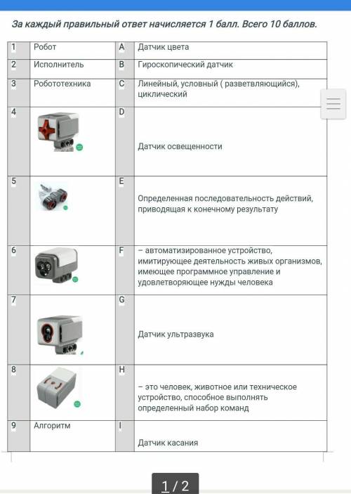 За каждый правильный ответ начисляется Всего 1РоботAДатчик цвета2ИсполнительBГироскопический датчик3