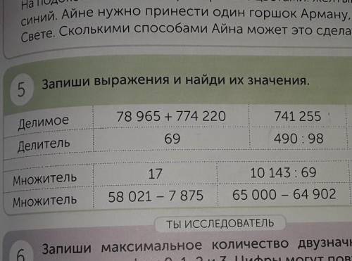 5 Запиши выражения и найди их значения. 78 965 + 774 220741 255580 000ДелимоеДелитель69490 : 981725