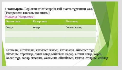 4-тапсырма. берілген етістіктерін қай шакта тұрған жаз. откен шик келер шак осы шак болты келер болы