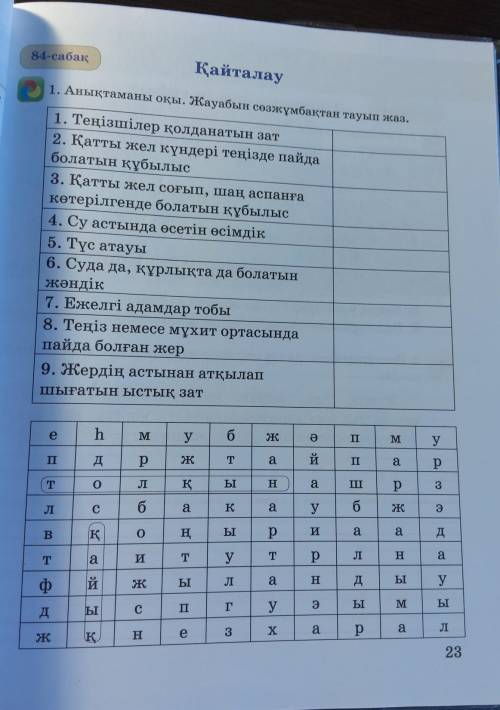 84-сабақ Қайталау1. Анықтаманы оқы. Жауабын сөзжұмбақтан тауып жаз.аса ихошуукояды.1. Теңізшілер қол