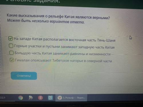 Список задании Условие задания: Какие высказывания о рельефе Китая являются верными? Может быть неск