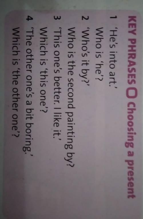 Listen to the key phrases. Then answer the questions. 1 'He's intro art.'Who is 'he'?2 'Who's it by?