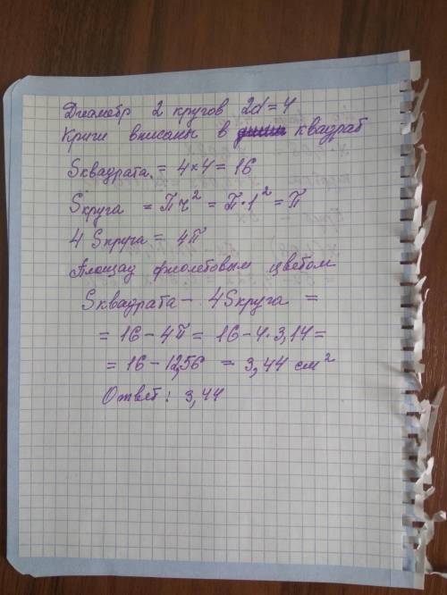 40. Диаметр кругой составляет 2 сантиметра. Рассчитайте площадь фиолетовым цветом. (т=3,14)От