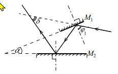 Два плоских зеркала `M_1` и `M_2` образуют двугранный угол альфа . Луч света падает на зеркало `M_1`