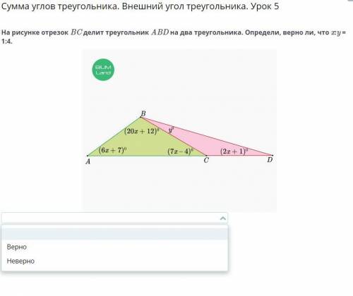 На рисунке отрезок BC делит треугольник ABD на два треугольника. Определи, верно ли, что x:y = 1:4.