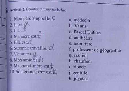 Activité 2. Ecoutez et trouvez la fin: 2. Il est or1. Mon père s'appelle..., р3.Ila...estf4. Ma mère