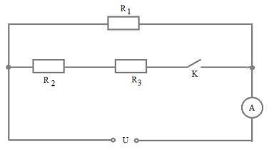 На рисунке показана электрическая схема, состоящая из источника постоянного напряжения U, амперметра