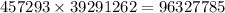 457293 \times 39291262 = 96327785