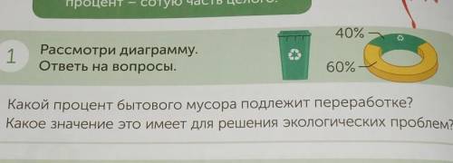 Пе 40%60%1Рассмотри диаграмму.ответы на вопросы.Какой процент бытового мусора подлежит переработке?К