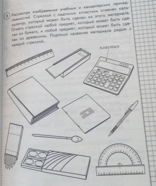 1 Рассмотри изображения учебных и канцелярских принад- лежностей. Стрелкой с надписью «пластик» отме