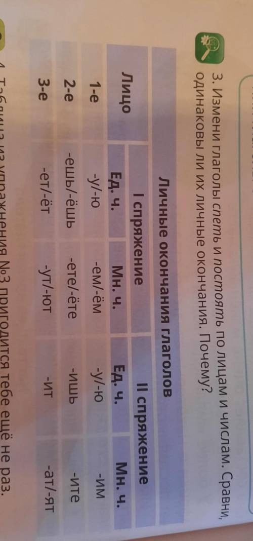 3. Измени глаголы спеть и постоять по лицам и числам. Сравни, одинаковы ли их личные окончания. Поче