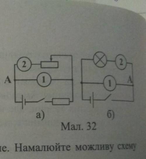 физика: Якими цифрами позначено амперметр і вольтметр у колі, схема якого зображена на малюнку 32, і