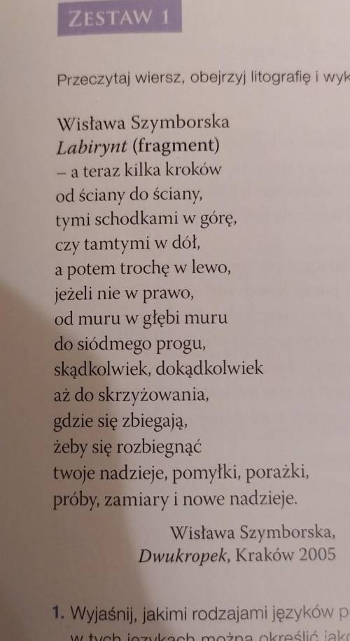 1) Wyjaśnij, jakimi rodzajami języków posłużyli się autorka wiersza i twórca litografii. Czy znaki w