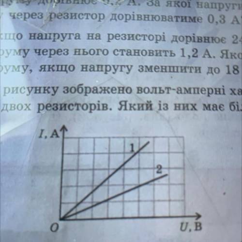 На рисунку зображено вольт-амперні характеристи- ки двох резисторів. Який із них має більший опір?