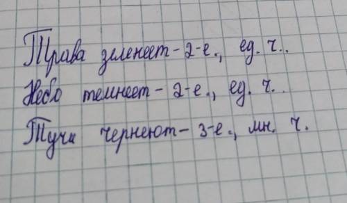 401 Спишите. На что указывают глаголы? Определите их лицо и число. Трава зеленеет (3-ел., ед. ч.). Н