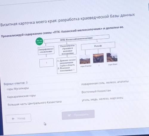 Проанализируй содержание схемы ПтК Казахский мелкосопочник и дополни её верных ответов 3 горы Мугалж