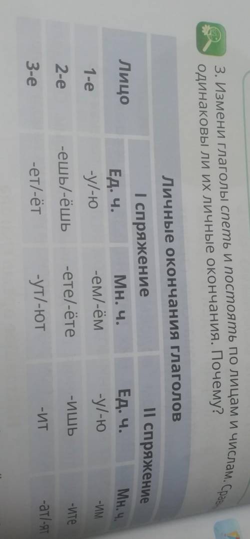 3. Измени Глаголы спеть и постоять по лицам ИЧИслам. Сравни одинаковы ли их личные окончания. Почему
