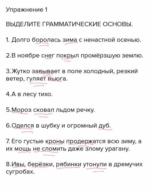 Упражнение 1 ВЫДЕЛИТЕ ГРАММАТИЧЕСКИЕ ОСНОВЫ.1. Долго боролась зима с ненастной осенью.2. В ноябре сн