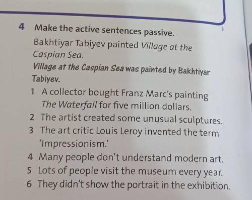 Make the active sentences passive. Bakhtiyar Tabiyev painted Village at the Caspian Sea. Village at