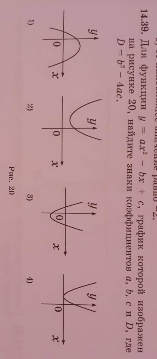 Для функции y = ax² - bx + c, график которой изображен на рисунке 20, найдите знаки коэффициентов a,