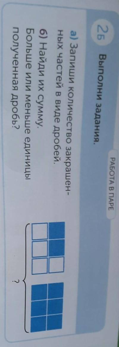 РАБОТА В ПАРЕ 26 Выполни задания.а) Запиши количество закрашен-ных частей в виде дробей.6) Найди Их