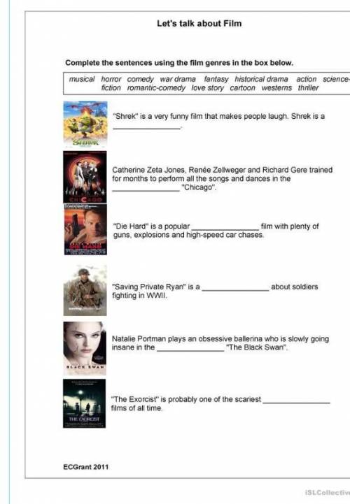 Let's talk about Film Complete the sentences using the film genres in the box below.musical horror c