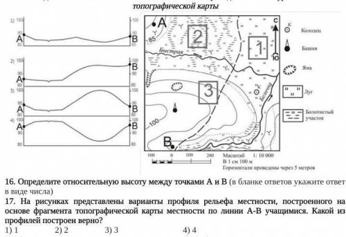 На рисунках представлены варианты профиля рельефа местности, построенного на основе фрагмента топогр