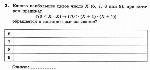 Каково наибольшее целое число X (6, 7, 8 или 9), при котором предикат (70 < X*X) -> (70>(X+