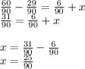 \frac{60}{90} -\frac{29}{90} =\frac{6}{90} +x\\\frac{31}{90} = \frac{6}{90} +x\\\\x=\frac{31}{90} - \frac{6}{90} \\x=\frac{25}{90}