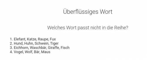 Welches Wort passt nicht in die Reihe? 1.Elefant, Katze, Raupe, Fux 2.Hund, Huhn, Schwein, Tiger 3.E